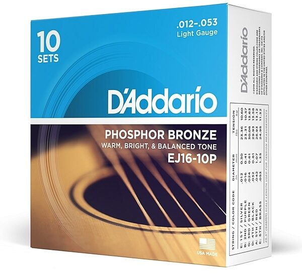 D'Addario EJ16 Phosphor Bronze Acoustic Guitar Strings (Light, 12-53), 10-Pack, main
