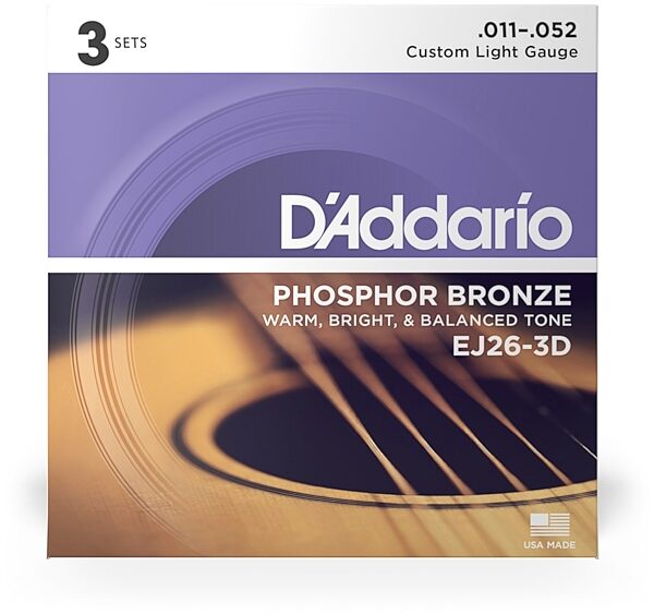 D'Addario EJ26 Phosphor Bronze Acoustic Guitar Strings (Custom Light, 11-52), 3-Pack,, view