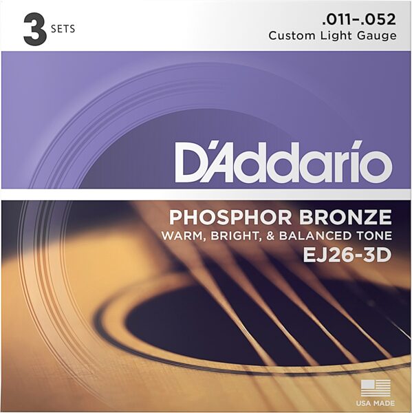 D'Addario EJ26 Phosphor Bronze Acoustic Guitar Strings (Custom Light, 11-52), 3-Pack,, Action Position Back