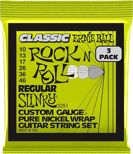 Ernie Ball Regular Slinky Classic Rock n Roll Pure Nickel Wrap Electric Guitar Strings (10-46 Gauge), 3-Pack, Action Position Back