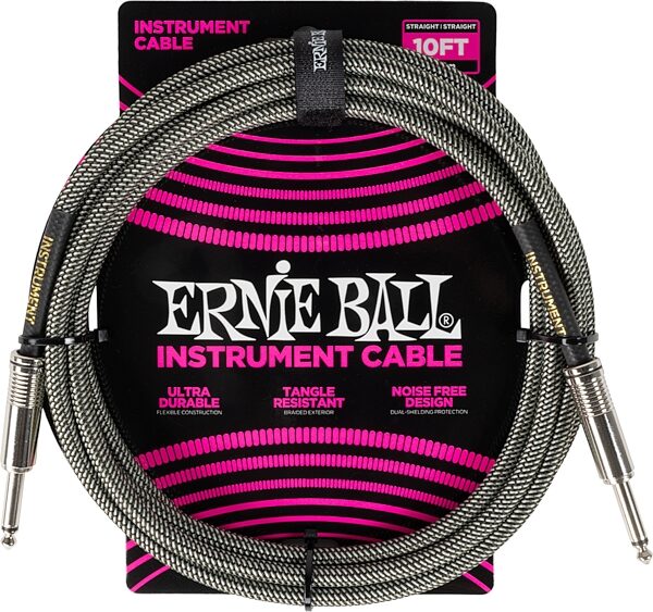 Ernie Ball Braided Instrument Cable, Silver Fox, 10 foot, P06429, Action Position Front