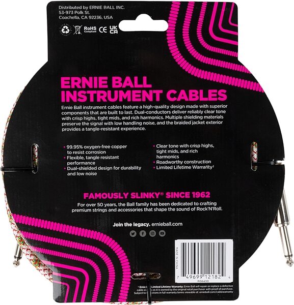 Ernie Ball Braided Instrument Cable, Emerald Argyle, 18 foot, P06430, Action Position Back
