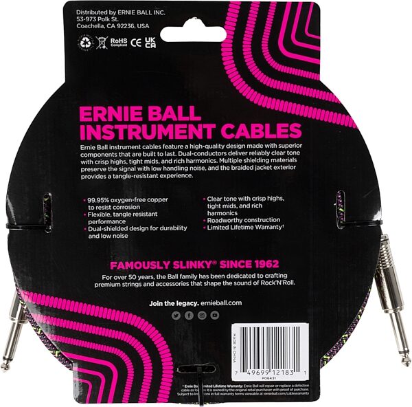 Ernie Ball Braided Instrument Cable, Purple Python, 18 foot, P06431, Action Position Back