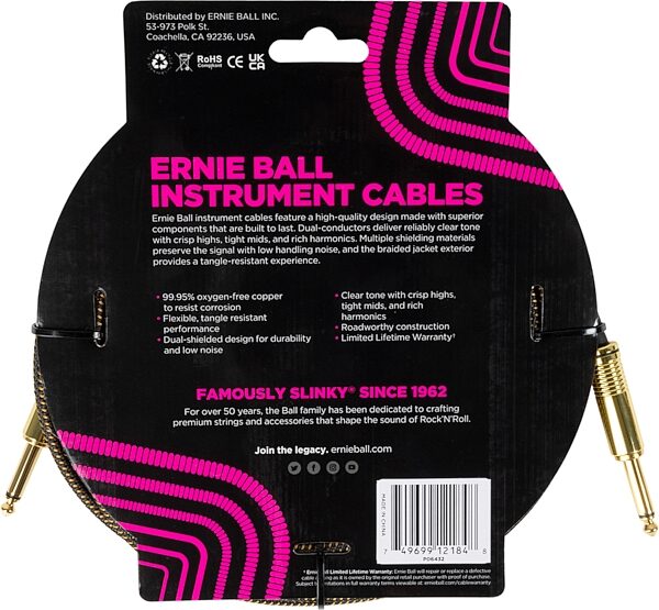 Ernie Ball Braided Instrument Cable, Pay Dirt, 18 foot, P06432, Action Position Back