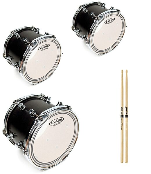 Evans EC2S Edge Control Clear Drumhead, Rock Tom Pack: 10, 12, and 16 inch, with Drumstick Pair, evans