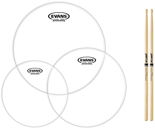 Evans Genera G2 Clear Drumhead Tom Pack, 12 inch, 13 inch, 16 inch, Standard Tom Pack, with Drumsticks, evans