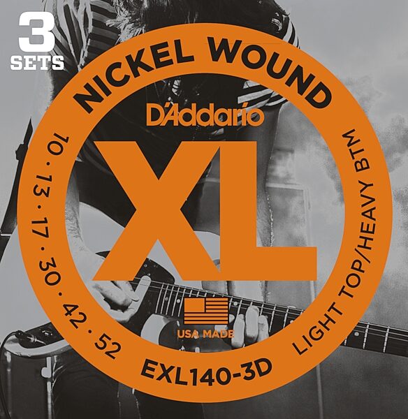 D'Addario EXL140 XL Electric Guitar Strings (Light Top/Heavy Bottom, 10-52), 3-Pack, Action Position Back
