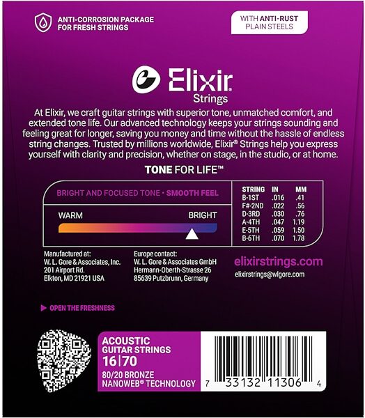 Elixir 80/20 Bronze Acoustic Baritone Strings With Nanoweb Coating, 16-70, View3