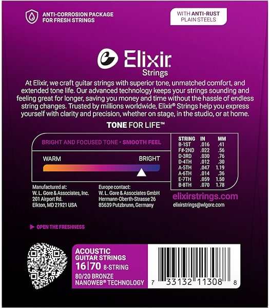 Elixir Nanoweb 80/20 Bronze 8-String Acoustic Baritone Strings, 16-70, View3