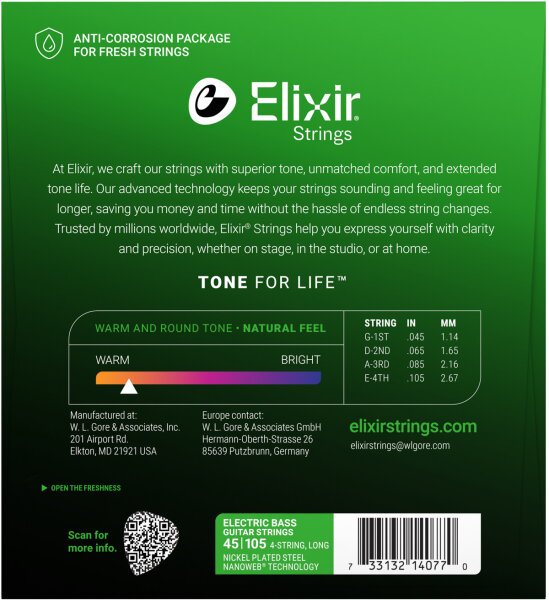 Elixir Nanoweb Electric Bass Strings, 45-105, 14077, Medium, View3