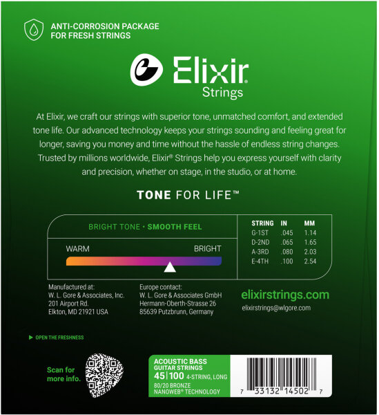 Elixir Nanoweb 80/20 Acoustic Bass Guitar Strings, 45-100, Light, View3