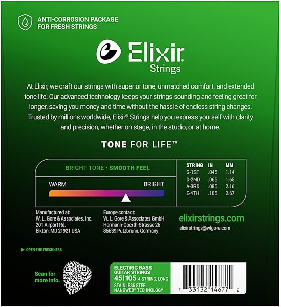 Elixir Nanoweb Stainless Steel Electric Bass Strings, 45-105, 14677, Medium, View3