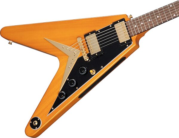Epiphone 1958 Korina Flying V Electric Guitar (with Case), Aged Natural, with Black Pickguard, Scratch and Dent, Action Position Back