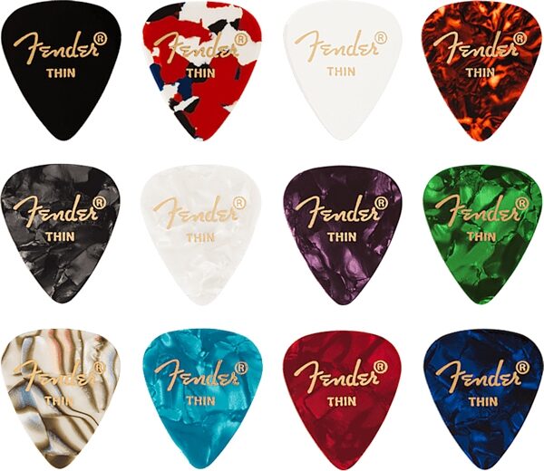Fender 351 Shape Celluloid Guitar Picks Medley (12-Pack), Thin, Action Position Front