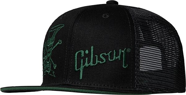 Gibson Slash Skully Hat, Green on Black, Trucker Style, Front