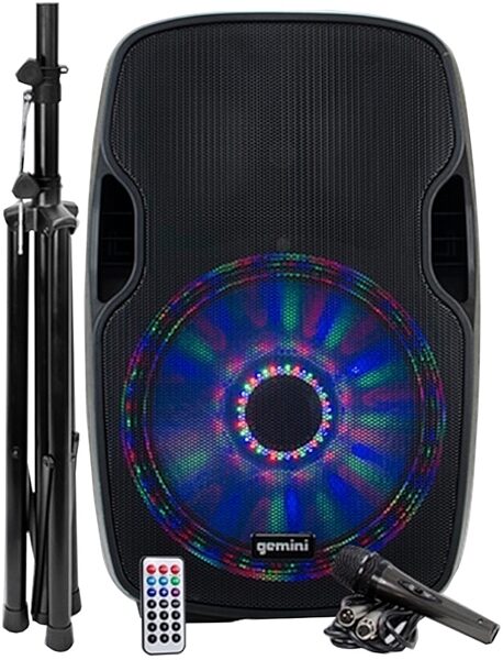 Gemini AS-12BLU-LT-PK Powered Speaker with LED Lights, plus Microphone and Speaker Stand, Main