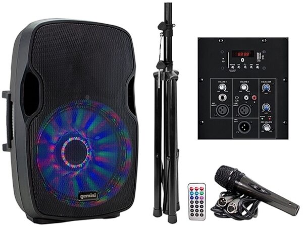 Gemini AS-15BLU-LT-PK Powered Speaker with LED Lights, plus Microphone and Speaker Stand, Main
