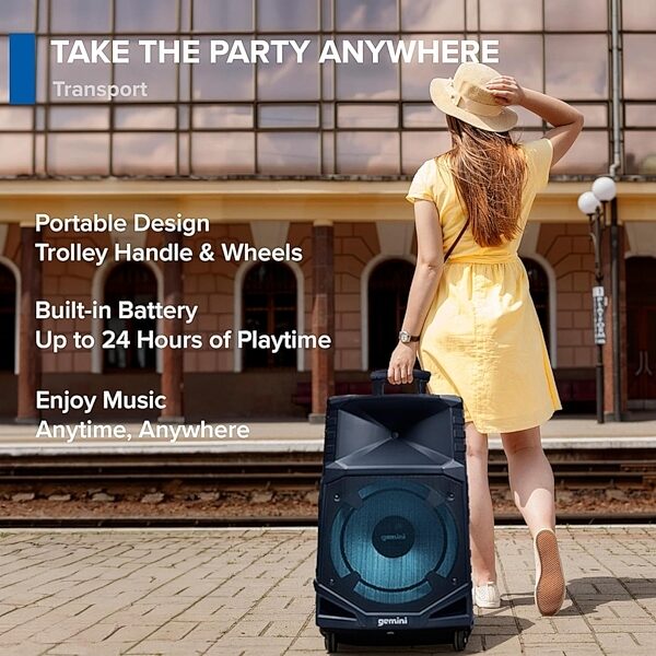 Gemini GXP-T1500 Portable Battery-Powered Bluetooth PA Speaker, New, Action Position Back