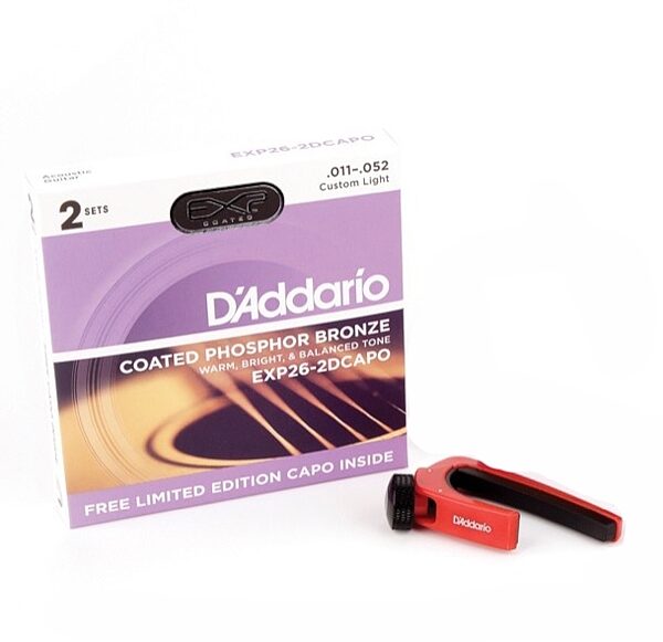 D'Addario EXP Coated Phosphor Bronze Acoustic Guitar Strings, 2-Pack with Capo