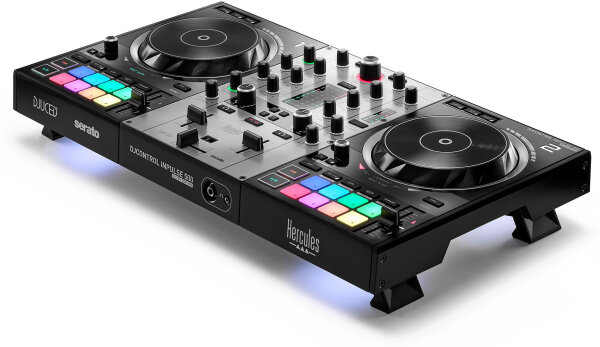 Hercules DJControl Inpulse 500 DJ Controller, Limited-Edition Silver, with Included Carry Case, Action Position Back