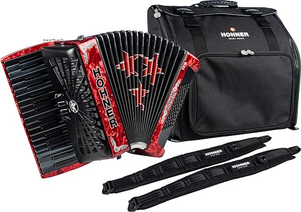 Hohner Tri-Star II Piano Accordion, Pearl Red, Action Position Front