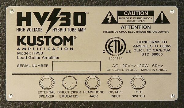 Kustom HV30 Guitar Combo Amplifier (30 Watts, 1x12 in.), Rear Panel