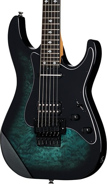 Kramer Volante Quilt HSFR Electric Guitar (with Gig Bag), Aqua Burst, Action Position Back