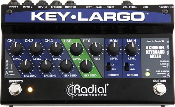 Radial Engineering Key-Largo Stereo Keyboard 4-Channel Mixer, New, Action Position Back