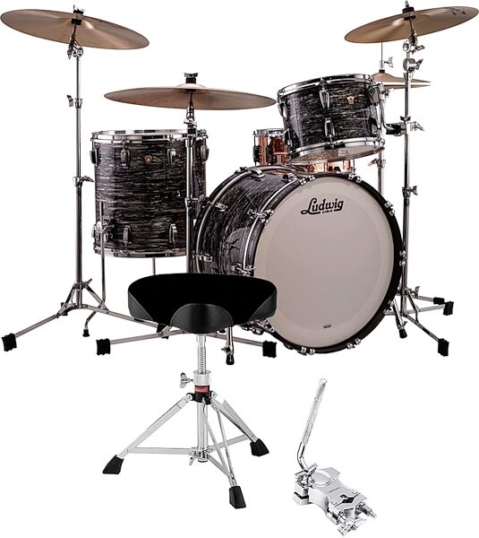 Ludwig Classic Maple FAB 3 Drum Shell Kit, 3-Piece, Vintage Black Oyster, with Ludwig L349TH Drum Throne, pack