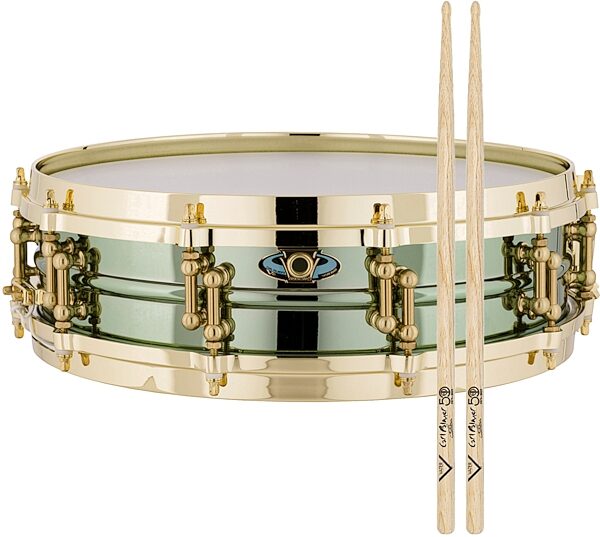 Ludwig Carl Palmer Venus Brass Snare Drum, Green, 3.7x14&quot;, with Vater Drumsticks, pack