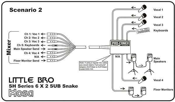 Hosa Pro-Conex Little Bro Sub Snake (6 XLR x 2 TRS), 30 foot, SH-6X2-30, Use Scenario 2