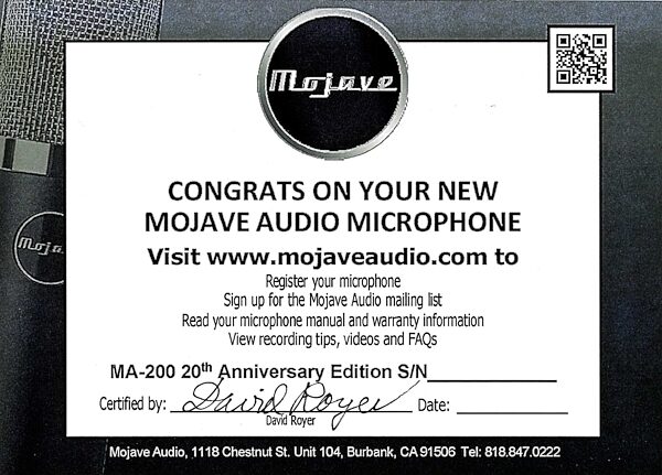 Mojave Audio MA-200AE 20th Anniversary MA-200 Tube Condenser Microphone, New, Action Position Back