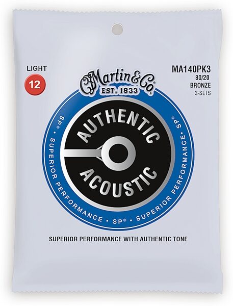 Martin Authentic SP 80/20 Bronze Acoustic Guitar Strings, Light, MA140, 3-Pack, Action Position Back