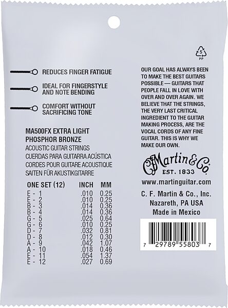 Martin MA500FX Flexible Core Phosphor Bronze 12-String Acoustic Guitar Strings, Custom Light, Action Position Back