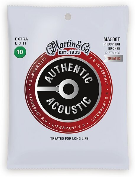 Martin Authentic Lifespan 2.0 Treated Phosphor Bronze 12-String Acoustic Guitar Strings, Extra Light, MA500T, Action Position Back