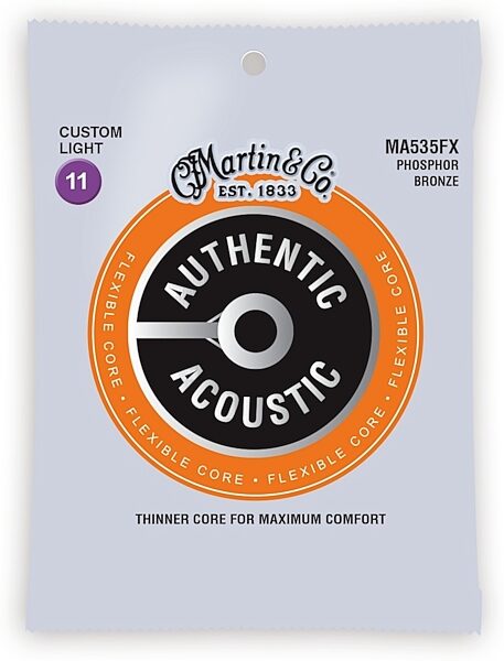 Martin Authentic Acoustic Flexible Core Phosphor Bronze Custom Acoustic Guitar Strings, 11-52, MA535FX, Custom Light, Main
