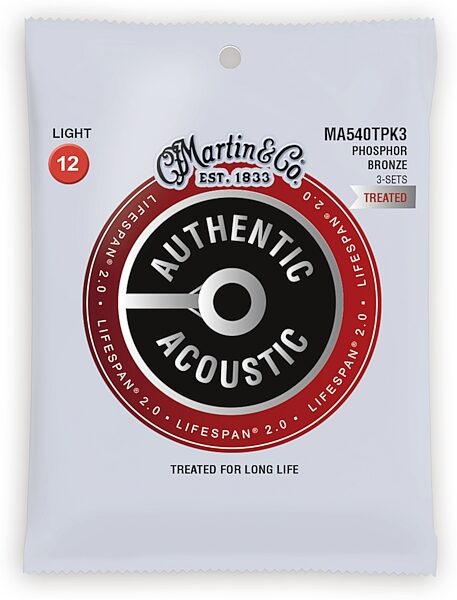 Martin Authentic Lifespan 2.0 Treated Phosphor Bronze Acoustic Guitar Strings, Light, MA540T, 3-Pack, Action Position Back