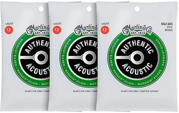 Martin Authentic Marquis Silked 80/20 Bronze Acoustic Guitar Strings, MA140S, 3-Pack, pack