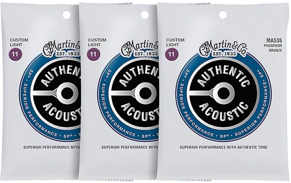 Martin Authentic SP Phosphor Bronze Acoustic Guitar Strings, MA535, 3-Pack, pack