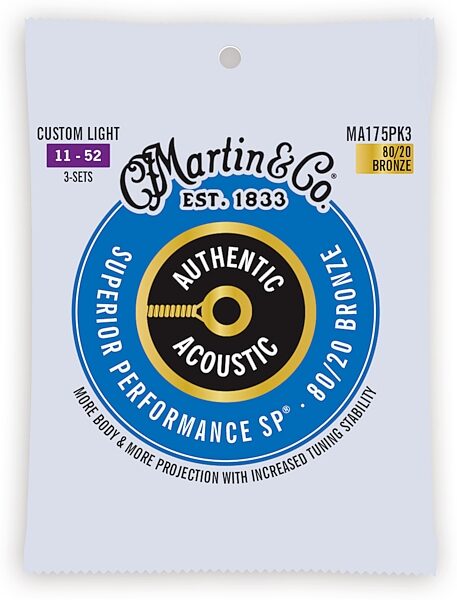 Martin Authentic SP 80/20 Bronze Acoustic Guitar Strings, Custom Light, MA175, 3-Pack, Action Position Back