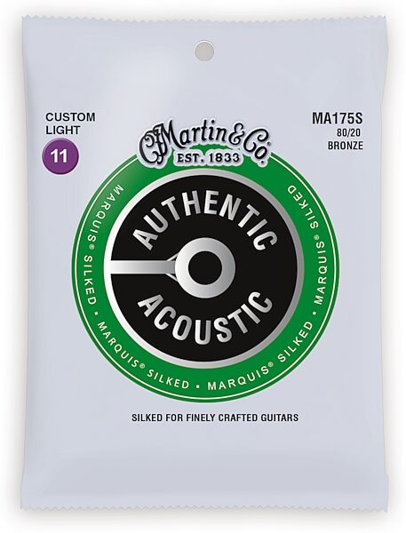 Martin Authentic Marquis Silked 80/20 Bronze Acoustic Guitar Strings, Custom Light, MA175S, Action Position Back