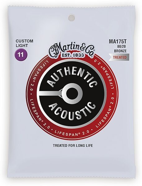 Martin Authentic Lifespan 2.0 Treated 80/20 Bronze Acoustic Guitar Strings, Custom Light, MA175T, Action Position Back