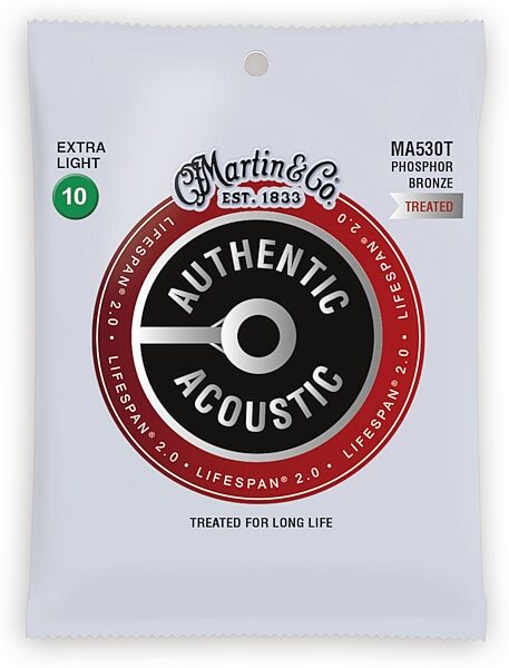 Martin Authentic Lifespan 2.0 Treated Phosphor Bronze Acoustic Guitar Strings, MA530T, Extra Light, Action Position Back