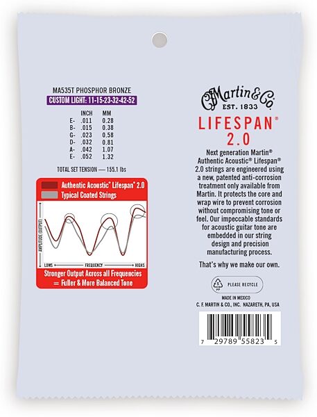 Martin Authentic Lifespan 2.0 Treated Phosphor Bronze Acoustic Guitar Strings, Custom Light, MA535T, Action Position Back