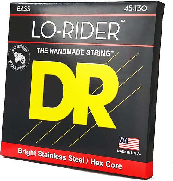 DR Strings Lo-Rider Stainless Steel Bass 5-String Pack, Medium/Heavy, 45-130, Angled Front