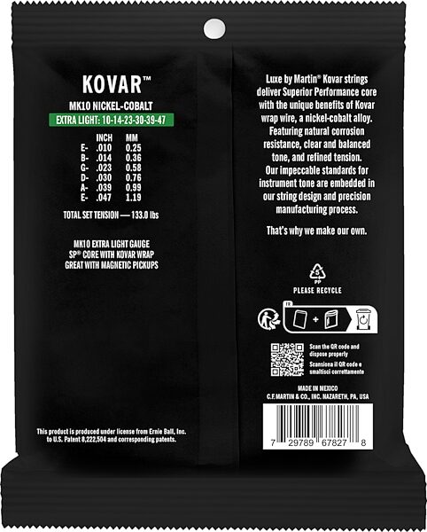 Martin Luxe Kovar Acoustic Guitar Strings, Extra Light, 41Y24MK10, Action Position Back