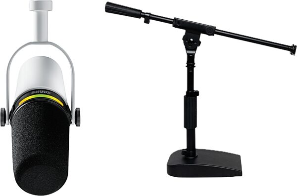 Shure MV7+ Hybrid USB/XLR Podcast Microphone, White, Bundle with Desk Boom Stand, MAIN
