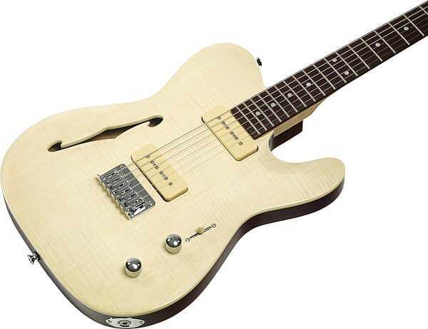 Michael Kelly Guitars 59 Thinline Electric Guitar, Natural, Flame Maple Top, Blemished, Body Angle 2