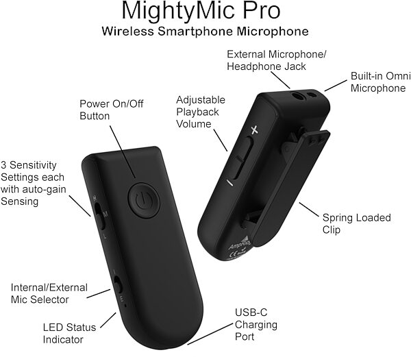 Ampridge MightyMic Pro Wireless Smartphone Microphone, Overstock Sale, Detail Front