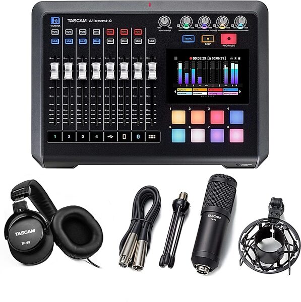 TASCAM Mixcast 4 Podcast Workstation, Bundle with TM-70 mic and TH-05 headphones, Action Position Back